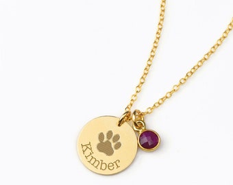 Dog Necklace with Birthstone Charm, custom paw print necklace, pet necklace, in memory of dog, pet memorial jewelry personalized dog