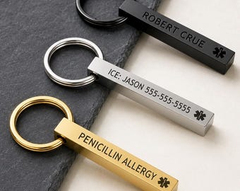 Medizinischer Schlüsselanhänger • Personalisierter Allergie-Warnanhänger, gravierter Notfallkontakt-Schlüsselanhänger, EpiPen-Taschenanhänger, Medikamenten-ID, ICE-Schlüsselanhänger