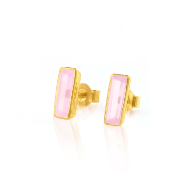 Dainty Pink Chalcedony Bar Earring, October Birthstone Stud, Geometric Tiny Gemstone Bar, Vertical Earring October Birthday gift, Adira