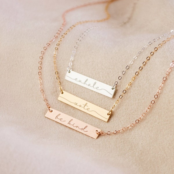 Dainty Custom Engraved Bar Necklace・Inspirational Quote Minimalist Bar Necklace・ Personalized Mantra Necklace・Gold or Silver Gift for Her