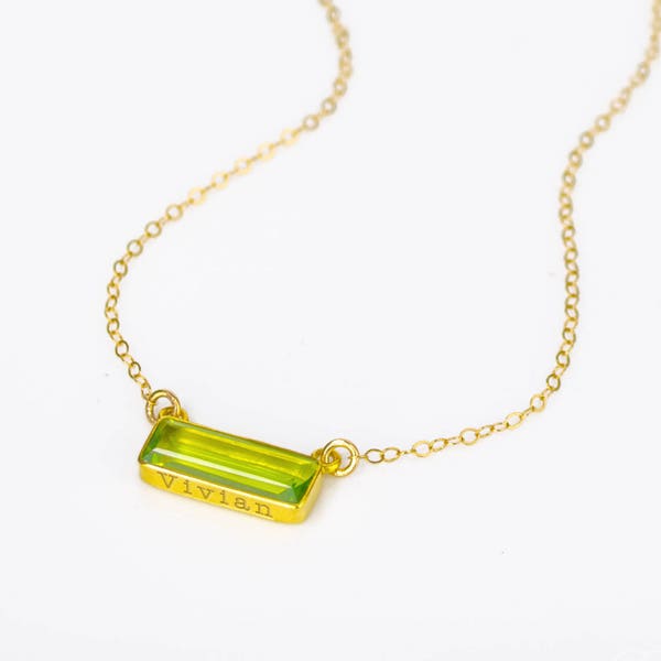 August Birthstone Peridot Bar Necklace, Personalized Bar Necklace Gemstone Necklace Horizontal Bar Necklace Layering Necklace Gift Baguette