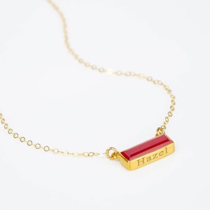 Ruby Bar Necklace Birthstone for July, Custom Name Necklace Personalized, Dainty Gold Gemstone Bar Necklace, Adira Series, Baguette Bar image 1