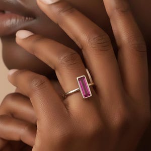 Valentine's Day Gift – Tiny Ruby Bar Ring | Dainty 925 Sterling Silver Stacking Rings for Women | July Birthstone Birthday Gifts for Women