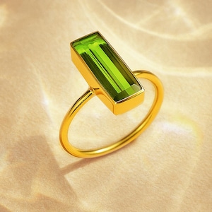 Peridot Baguette Ring • August Birthstone Jewelry • Skinny Gemstone Bar Ring • Gold Stacking Solitaire Modern Green Statement Ring Gift Gold