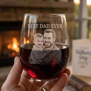 Custom Portrait Stemless Wine Glass, Personalized Photo Engraving, 12 oz, Wedding Favor Gift for Bridal Party and Groomsmen