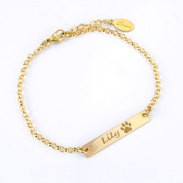 Paw Print & Pet's Name Bracelet・Custom Dog's Name Bracelet・In Memory of Dog・Personalized Pet Memorial Jewelry・Dainty Gold Bar Bracelet