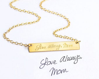 Actual Handwriting Bar Necklace, Gold Bar Necklace, Handwritten Horizontal Bar Necklace, your handwriting or text, Sterling Silver Rose Gold