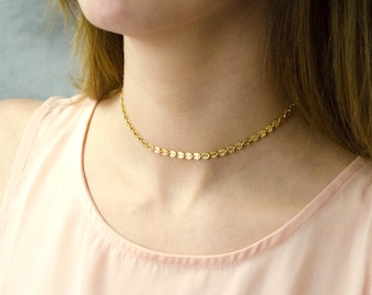 Coin choker Necklace, Dainty Gold Chain Choker Necklace, Disk Chain Choker, Gold Choker, bohemian Choker, tattoo Choker, Delicate Choker