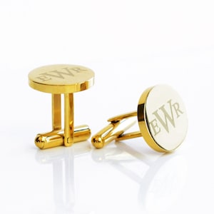 Circular 24K Gold Plated Steel Metal Cufflinks Customized with a serif font monogram with the initials E W R. Personalized Round Cufflinks for gifting Groomsmen, celebrating an anniversary, gift for Groom, Husband, Father of Bride or Father of Groom.