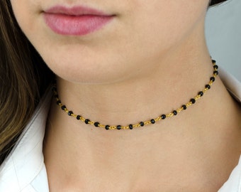 Black beaded choker necklace, Black Onyx bead choker, delicate choker, gemstone choker, real gemstone choker necklace, gold choker silver