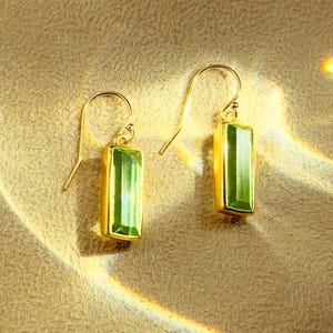 Peridot Bar Earrings • Geometric Gold Dangle Earrings August Birthstone Jewelry Baguette Earrings Minimalist Green Earrings Gift for Her