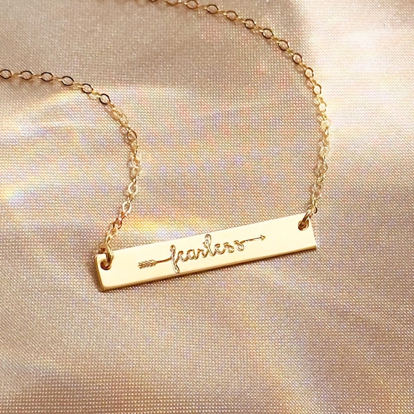 Fearless Necklace • Engraved Bar Jewelry, Motivational Mantra Necklace, Personalized Gift for Graduation, Best Friend, Survivor Silver Gold