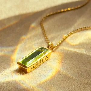 Custom Peridot Necklace • August Birthstone Bar with Name Necklace Engraving Personalized Bridesmaid Jewelry • Customized Anniversary Gifts