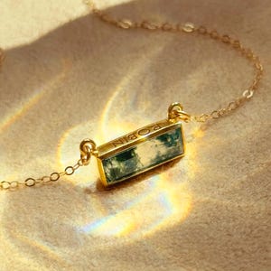 Moss Agate Necklace • Personalized Gemstone Bar Necklace with Secret Message, Engraved Name Pendant, Custom Jewelry Sterling Silver or Gold