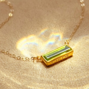 Personalized Peridot Bar Necklace • August Birthstone, Custom Name Pendant with Secret Message, Engraved Gift for Her, Nameplate necklace