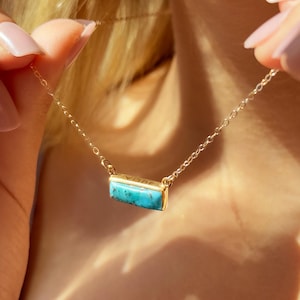 Personalized Turquoise Bar Necklace • December Birthstone, Custom Name Pendant with Hidden Message, Engraved Gift for Her Baguette necklace