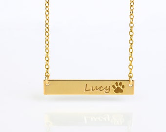 Custom Pet Name & Paw Print Necklace・Pet Memorial Necklace・Personalized Dog Name Necklace・In Memory of Dog Jewelry・Dainty Gold Bar Necklace