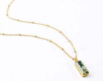 Adira Series Dainty Moss Agate Bar Necklace, Gold Gemstone Vertical Bar Necklace, baguette necklace textured gem Bar secret message gift