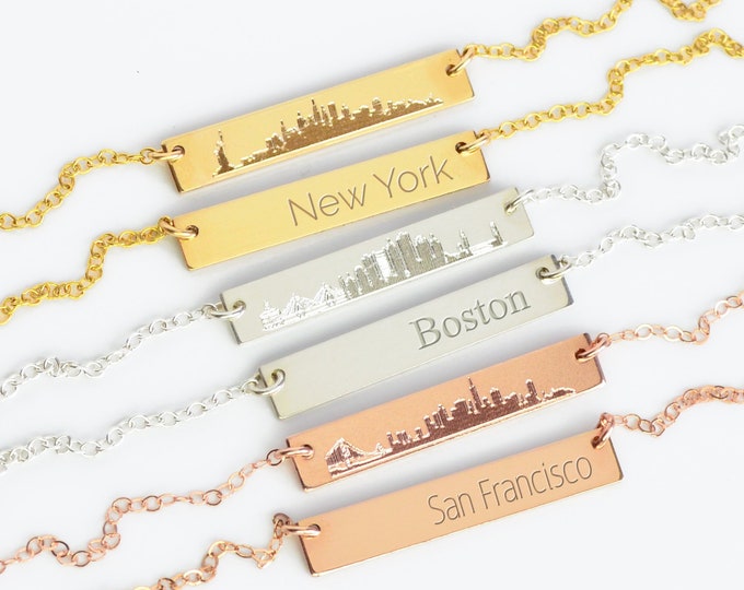 Skyline Necklace, Home City Necklace, Boston necklace, San Francisco, New York Necklace, Paris, Los Angeles Necklace Engraved Bar Necklace