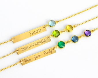 Collier personnalisé mom birthstone, collier horizontal de barre, collier de plaque signalétique, collier de mères avec des noms d’enfants barre personnalisée de nom de collier