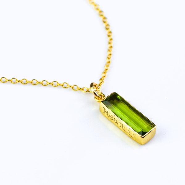 Engraved Peridot Bar Necklace, Gold August Birthstone Necklace, Gemstone Bar Necklace, Bridesmaid Jewelry, baguette bar pendant for Her
