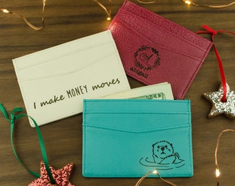 Cartera delgada de cuero con monograma, regalo de Navidad para ella Tarjetero personalizado grabado con firma de monograma o dibujo Cartera delgada