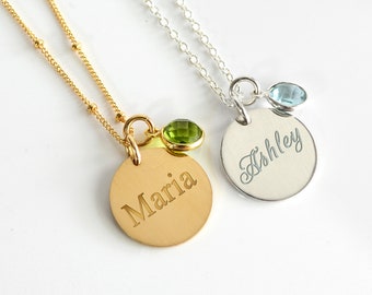 Collier custom Name avec pierre de naissance, collier de disque gravé, charme de disque personnalisé, collier de demoiselle d'honneur Large Coin Pendant Necklace cadeau