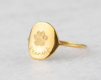 Custom Paw Print Ring・Personalized Pet Name Ring・Dog Mom Gift・In Memory of Dog Pet Memorial Jewelry・Pet Loss・Engraved Gold Signet Ring