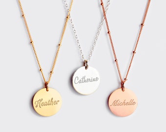 Custom Name Necklace, Personalized Disk Jewelry, Bridesmaid Gift, Rose Gold Necklace, Customized Name Disk, Best Friend Gift for her [19M]