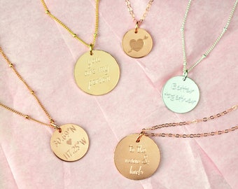 Mothers Day gift for her, personalized disc necklace, engraved I love you more loved hearts and arrow necklace rose gold coordinates disk