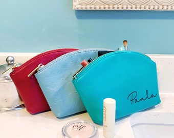 Personalized Engraved Cosmetic Bag Genuine Leather Monogrammed Toilet Bag Anniversary Custom Travel Mothers Day Gift for her Bridesmaid