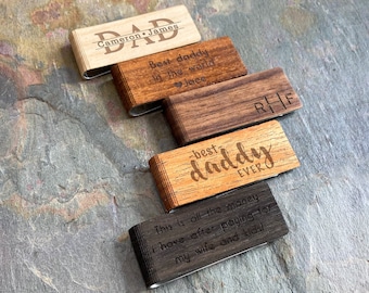Fathers Day Gift for Him Personalized Wood Money Clip with Custom Engraving for 5th Anniversary Groomsmen Boyfriend Gift for Husband Dad