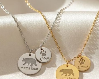 Personalized mama bear necklace with bear cub charm, Mommy bear pendant Christmas Gift for Mom or grandma custom engraved kids name necklace