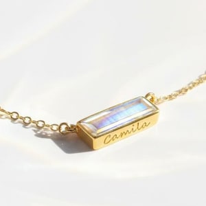 Dainty Moonstone Bar Necklace, Gold Gemstone baguette cut Bar Necklace, Wedding and Bridesmaids Jewelry, Statement June Gemstone Custom Name