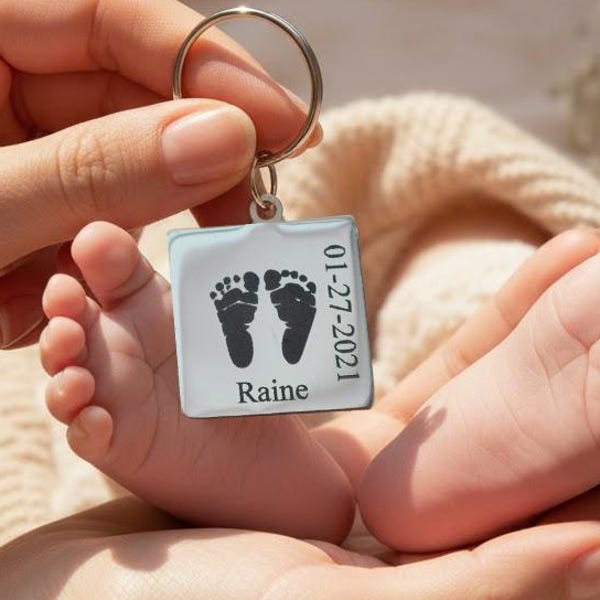 Custom Handprint Footprint Keychain - New Baby Gift for Dad - Personalized Valentine Gift Keepsake - Engraved Baby Hand Foot Print Jewelry