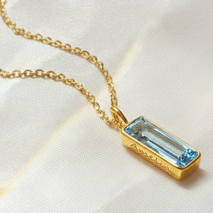 Adira Series Dainty Sky Blue Quartz Bar Necklace, baguette Vertical Bar Necklace, Bridesmaids Jewelry Statement December Birthstone Bar