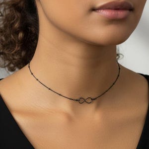 Infinity Necklace Choker • Dainty Satellite Chain, Rose Gold, Silver, Blackened Silver, Minimalist Layering Necklace, Everyday Gift for Her