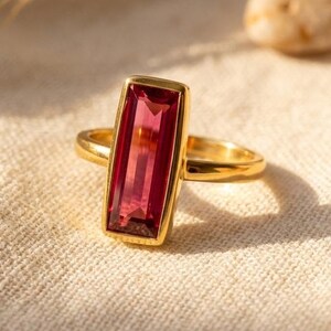 Ruby Baguette Ring, July Birthstone Ring, Dainty Gemstone Stacking Ring, Gold Vermeil Silver or Rose Gold Gift for Her