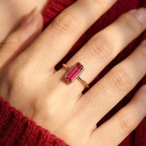 Tiny Ruby Quartz Baguette Ring, July Birthstone Ring, Dainty Stacking Ring, Red Gemstone Ring, Gold Vermeil or Sterling Silver