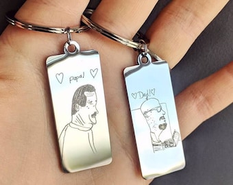 Actual Kid's Drawing on Keychain for Dad Handwriting Keychain from Son Engraved Personalized Gift for Papa Mothers Day Gift from Daughter