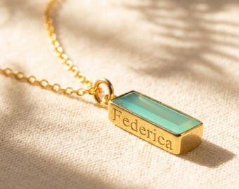 Personalized Aqua Chalcedony Necklace • March Birthstone Bar Necklace, Engraved Gemstone Pendant, Dainty Aquamarine Jewelry Gift for Her