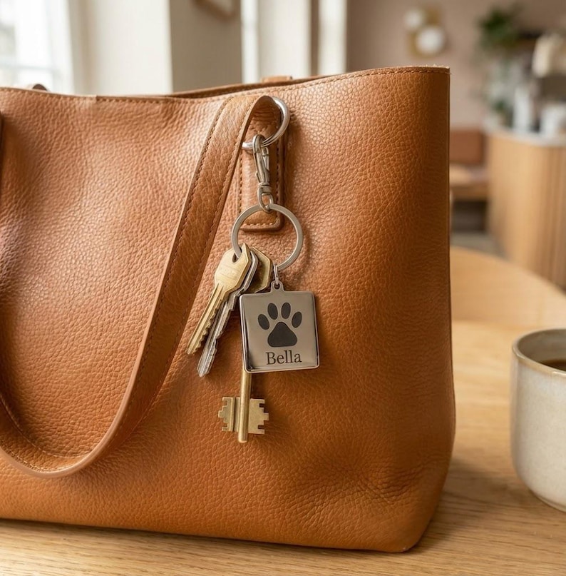 Personalisierter Schlüsselanhänger mit Pfotenabdruck, individueller Schlüsselanhänger mit Haustiernamen, Erinnerungsgeschenk für Hund oder Katze, Andenken an ein verstorbenes Haustier, Geschenk für Tierhalterinnen, 25 mm Anhänger Bild 3