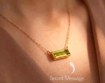 Personalized Peridot Bar Necklace • August Birthstone, Custom Name Pendant with Secret Message, Engraved Gift for Her, Nameplate necklace
