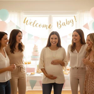 Baby shower scene with mom-to-be wearing personalized heartbeat necklace; custom fetal heartbeat soundwave bar pendant, dainty layering piece, adjustable chain; pregnancy announcement jewelry, new mom gift, push present, sentimental keepsake.
