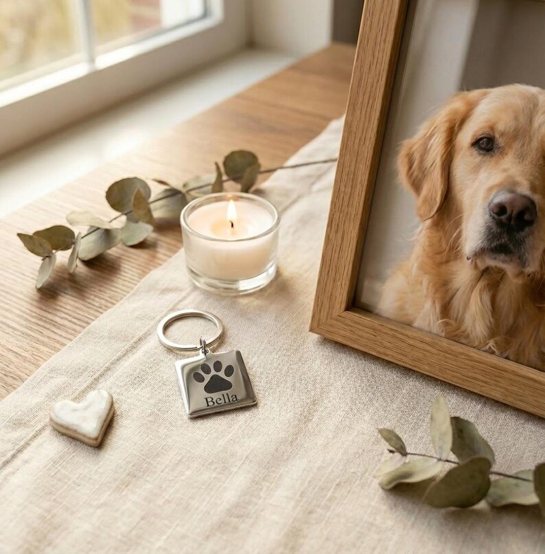 Personalisierter Schlüsselanhänger mit Pfotenabdruck, individueller Schlüsselanhänger mit Haustiernamen, Erinnerungsgeschenk für Hund oder Katze, Andenken an ein verstorbenes Haustier, Geschenk für Tierhalterinnen, 25 mm Anhänger Bild 7