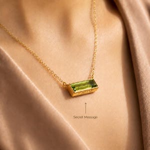 Personalized Peridot Bar Necklace, August Birthstone Necklace, Custom Engraved Name Pendant, Secret Message Gift for Her
