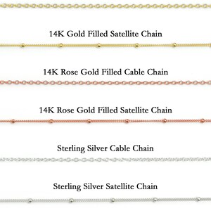 3 satellite chains displaying our yellow gold, rose gold, and sterling silver finishes. Pairs well with our teardrop gemstone pendants, disc charms, large oval pendants, and more! baby footprint necklace, baby handprint necklace, new mom