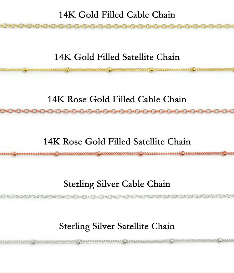 3 satellite chains displaying our yellow gold, rose gold, and sterling silver finishes. Pairs well with our teardrop gemstone pendants, disc charms, large oval pendants, and more! baby footprint necklace, baby handprint necklace, new mom