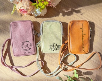 Genuine Leather Phone Bag・Personalized Name Phone Purse・ Custom Engraved Crossbody Phone Bag・Customized Monogram Mother's Day Gift for Her