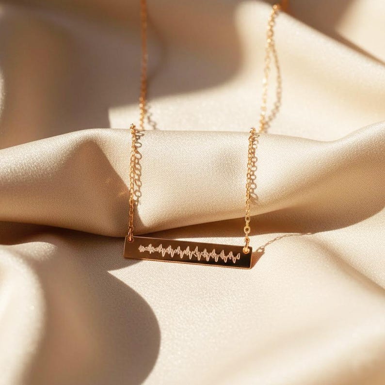 Minimalist heartbeat bar necklace on satin; engraved fetal heartbeat waveform from ultrasound, custom text on back (name, date, weight); delicate everyday necklace, stacking piece; personalized new mom jewelry, push present, removable extender chain.
